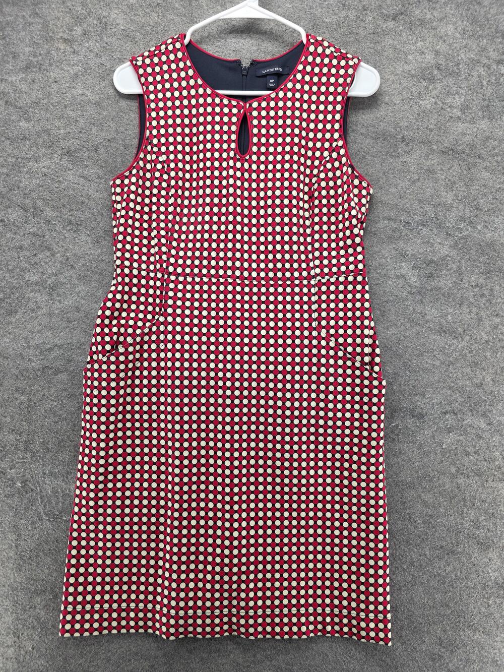 Lands' End Dress Womens 8P Red Polka Dot Sheath Knee Length Back Zip Pockets